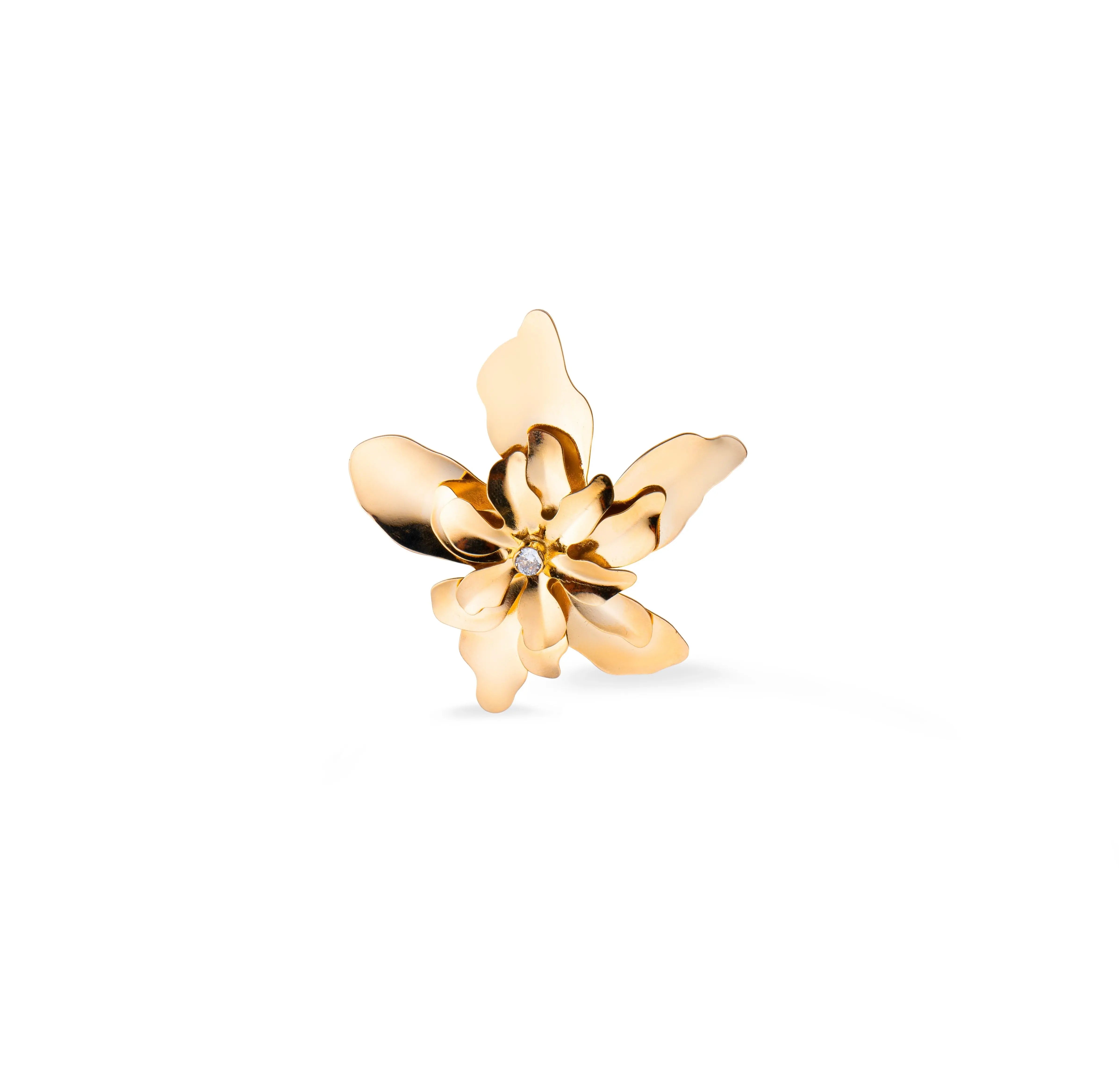 Large Gold Lily & Crystal Ring by Juliana Manzini