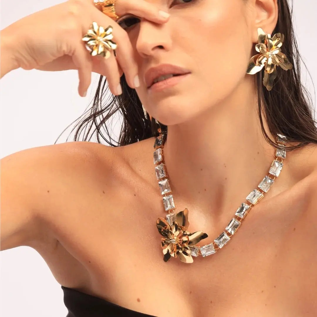Small Lily Gold & Crystal Ring by Juliana Manzini