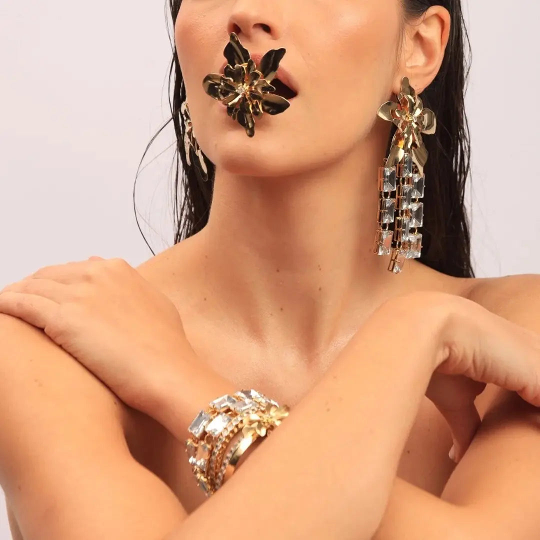 Large Gold Lily & Crystal Ring by Juliana Manzini