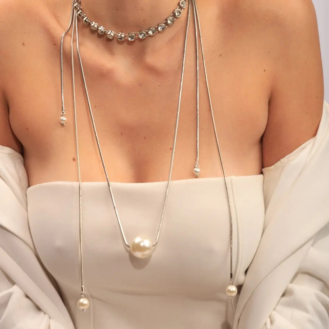 Mix & Match Long Pearl Silver Necklace by Juliana Manzini
