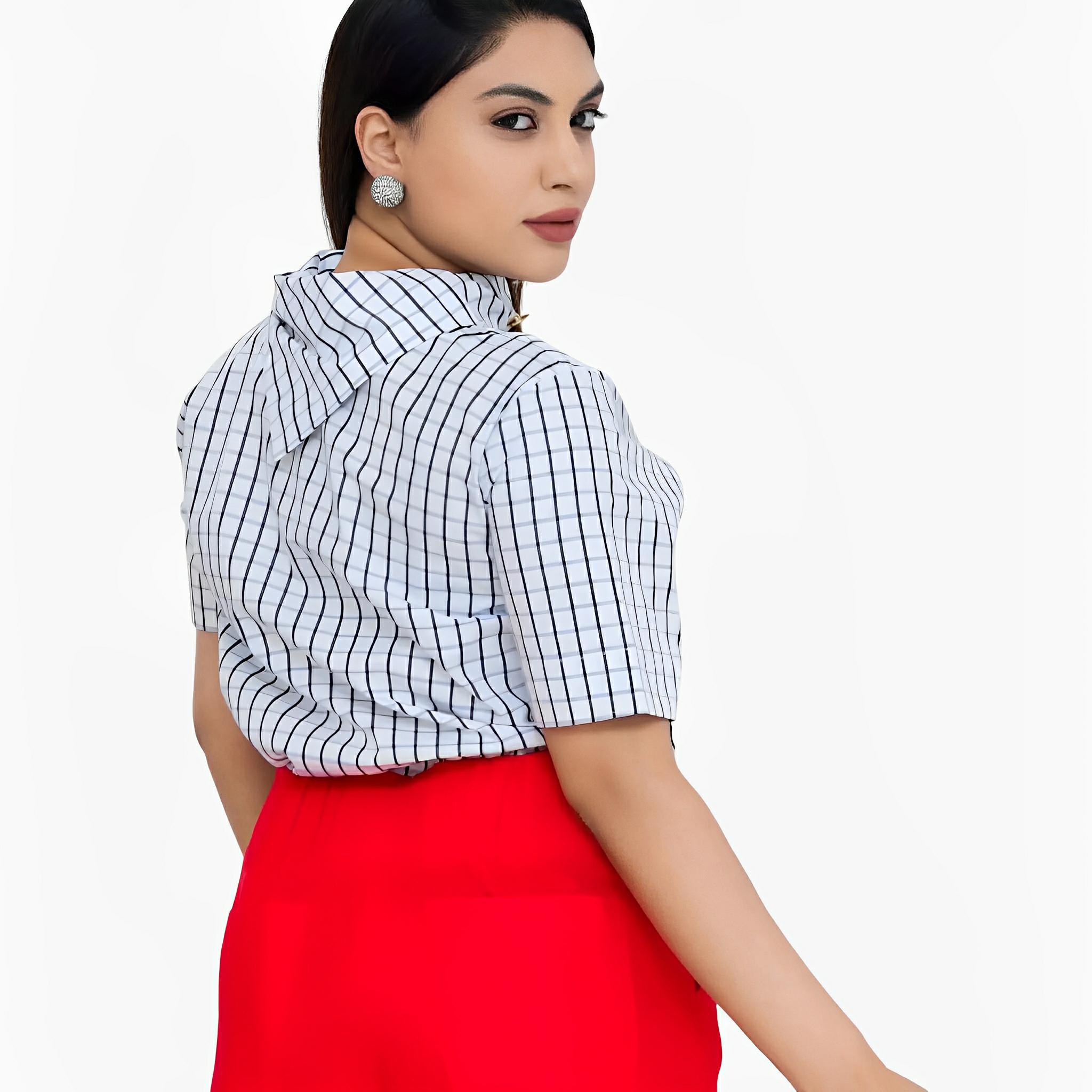 Western Scarf Collar White Plaid Blouse by Lilly Sarti