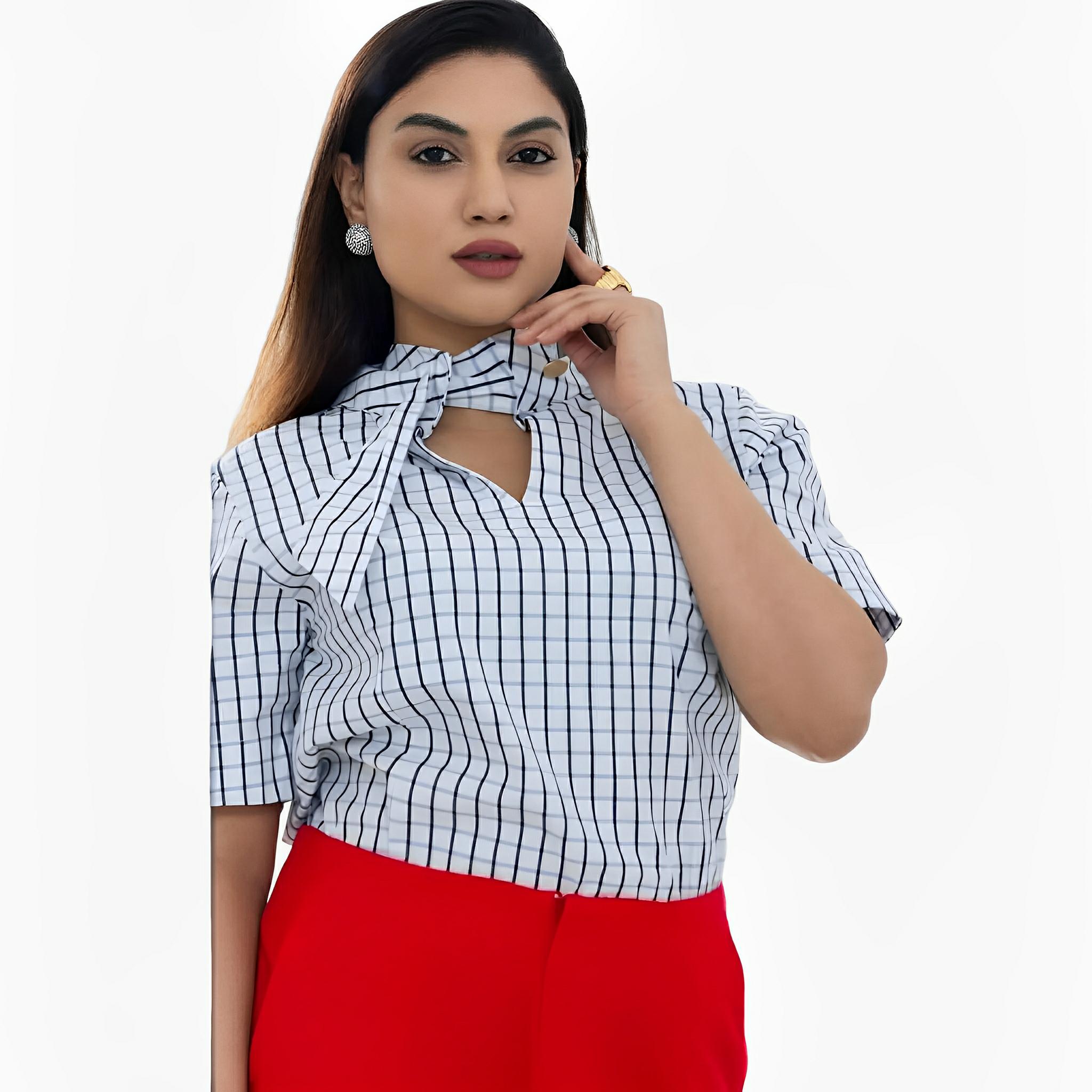 Western Scarf Collar White Plaid Blouse by Lilly Sarti