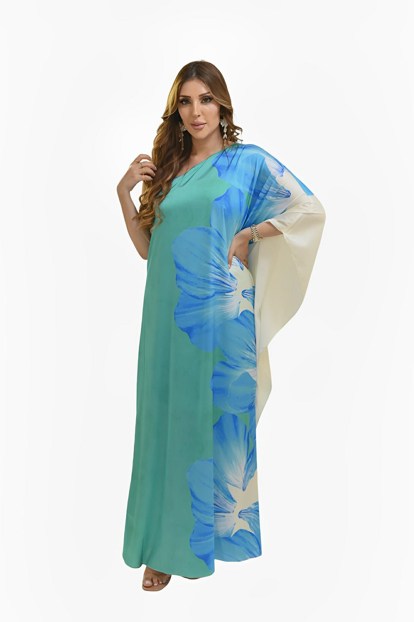Blue Floral Gloss Silk One-Shoulder Dress by Ton Âge