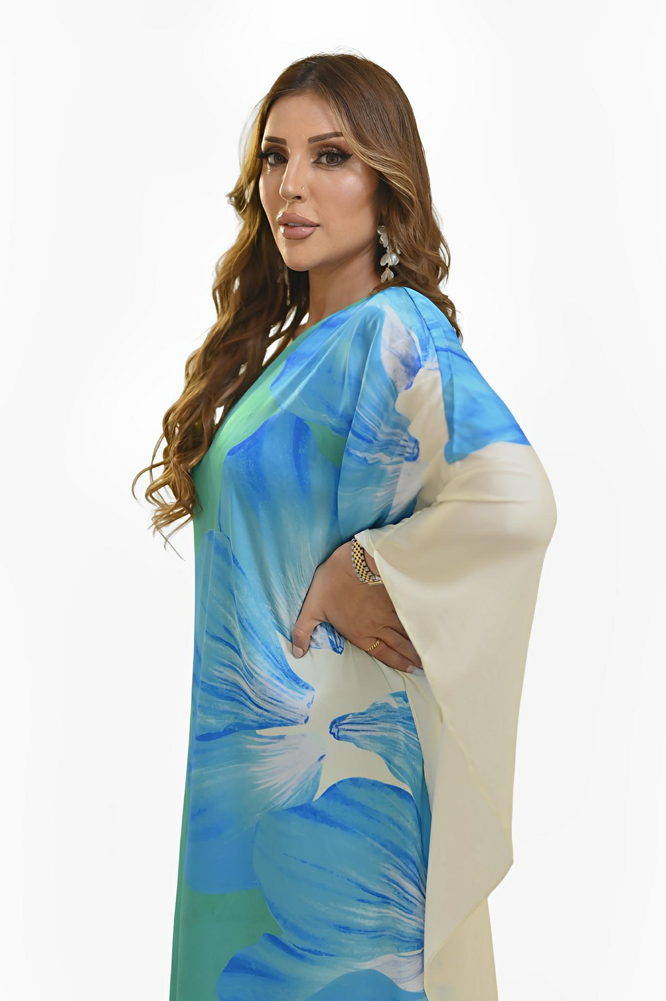 Blue Floral Gloss Silk One-Shoulder Dress by Ton Âge