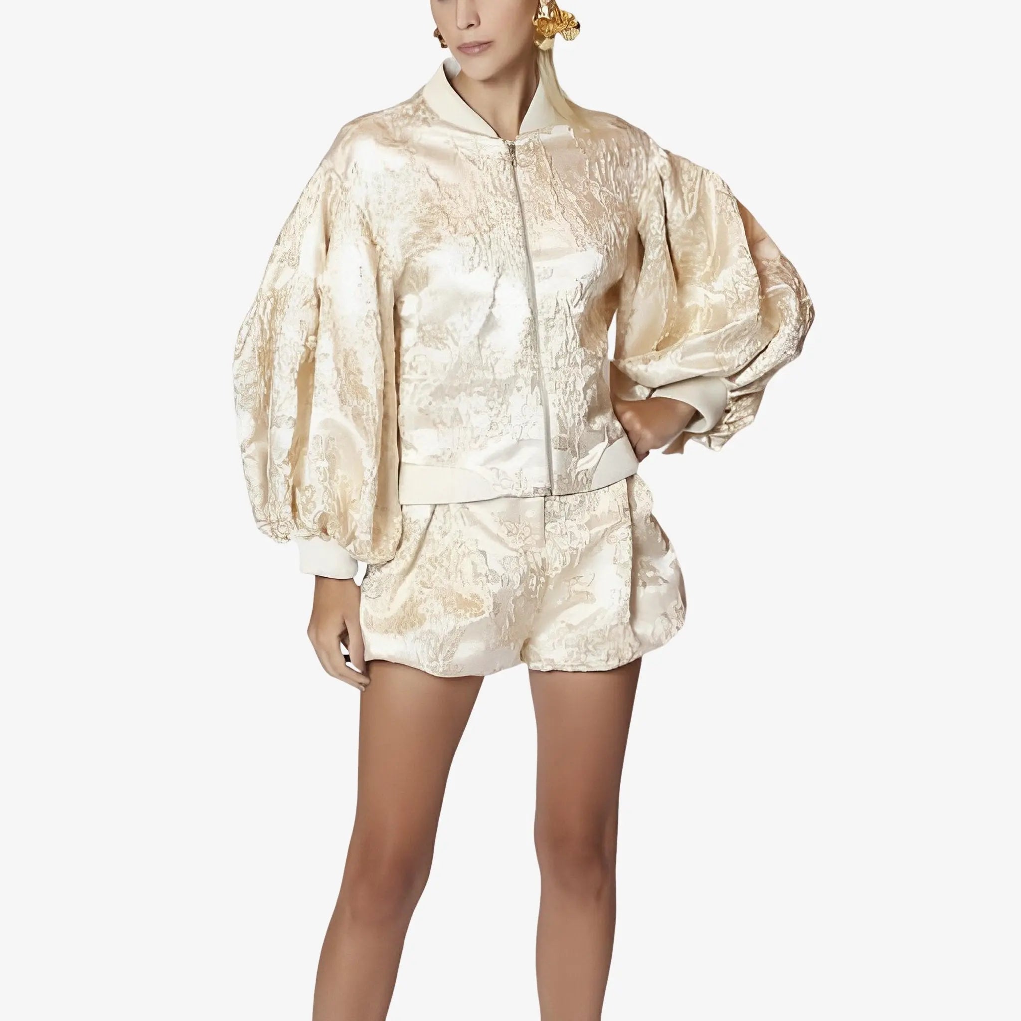 Brenna Gold Lurex Oversized Bomber Jacket by Lethicia Bronstein