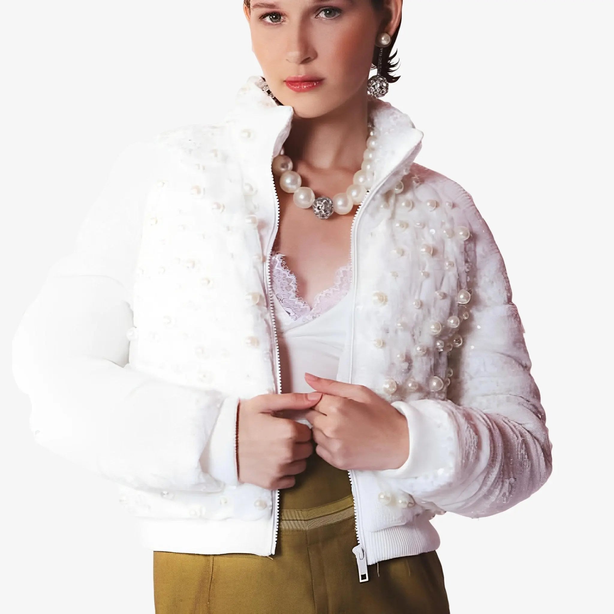 Madeleine White Sequin & Pearl Puffer Jacket by Lethicia Bronstein