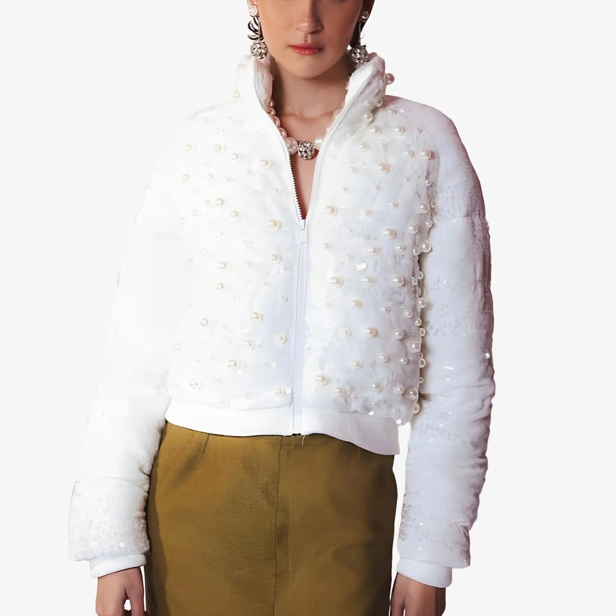 Madeleine White Sequin & Pearl Puffer Jacket by Lethicia Bronstein