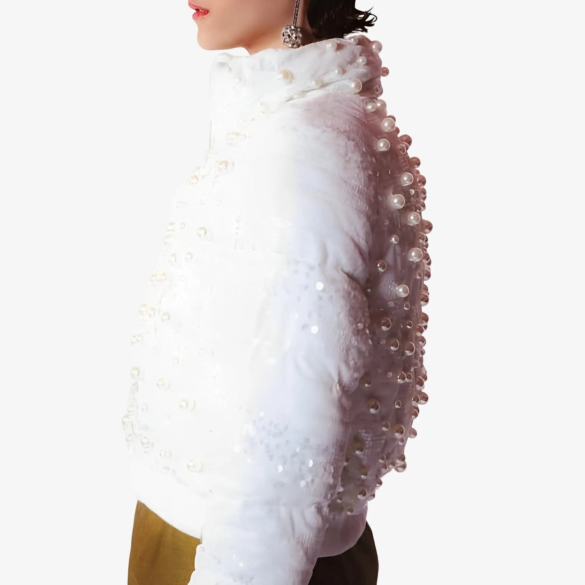 Madeleine White Sequin & Pearl Puffer Jacket by Lethicia Bronstein