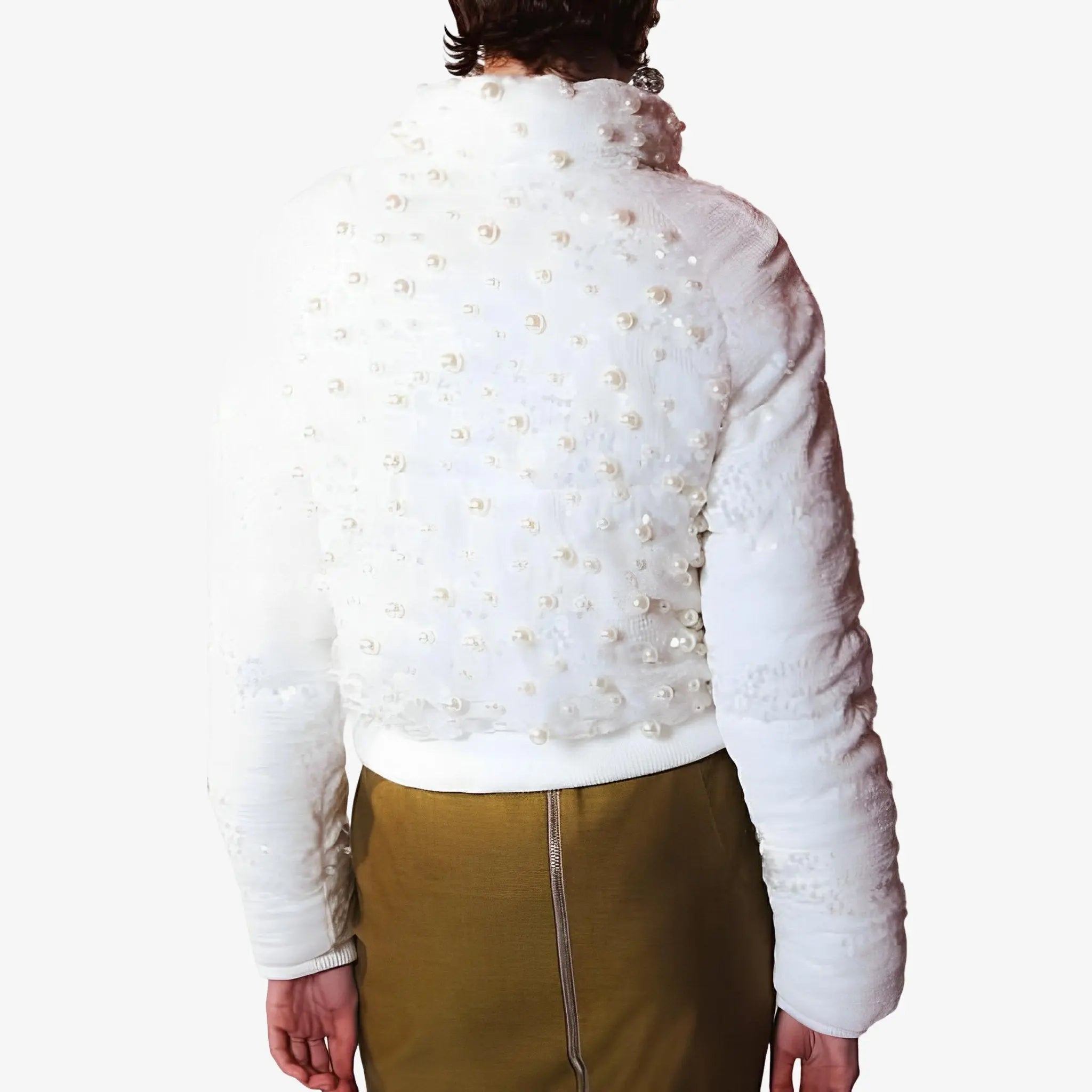 Madeleine White Sequin & Pearl Puffer Jacket by Lethicia Bronstein