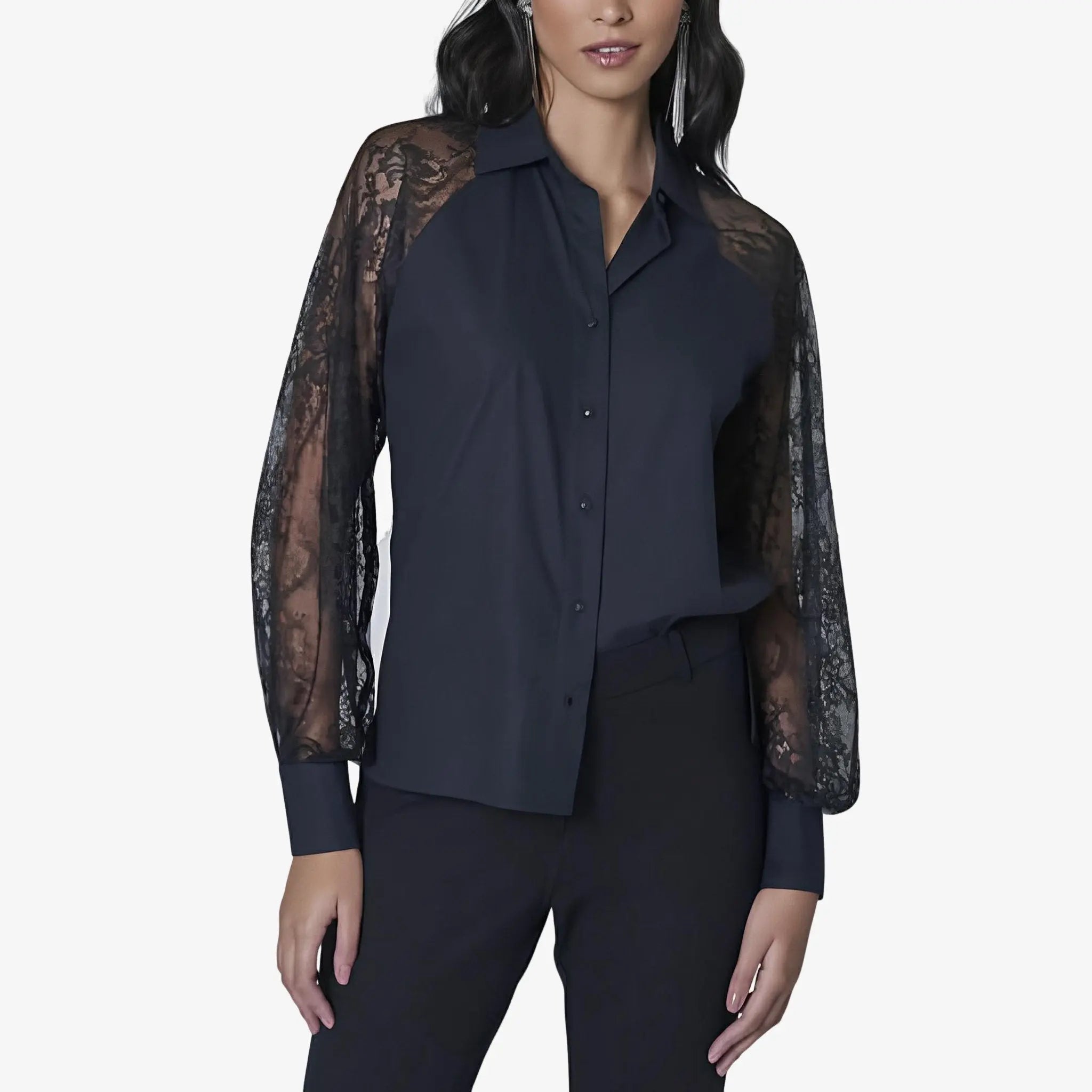 Amy Black Tricoline & Lace Shirt by Lethicia Bronstein