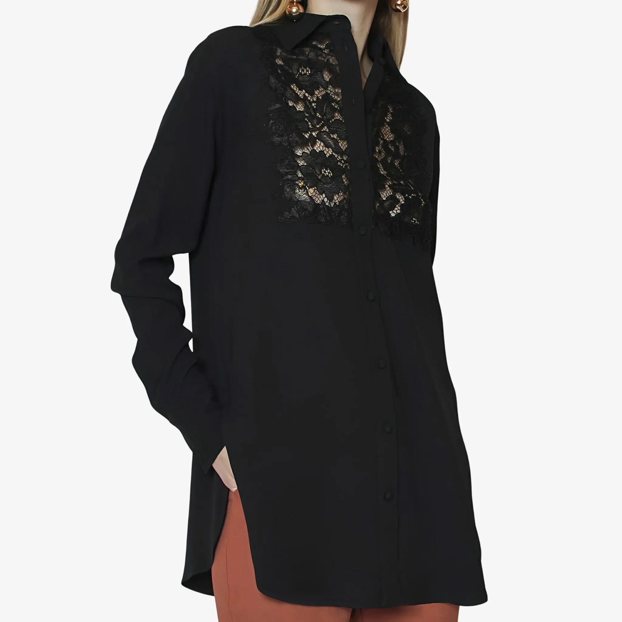 Aida Black Crepe & Lace Long Shirt by Lethicia Bronstein