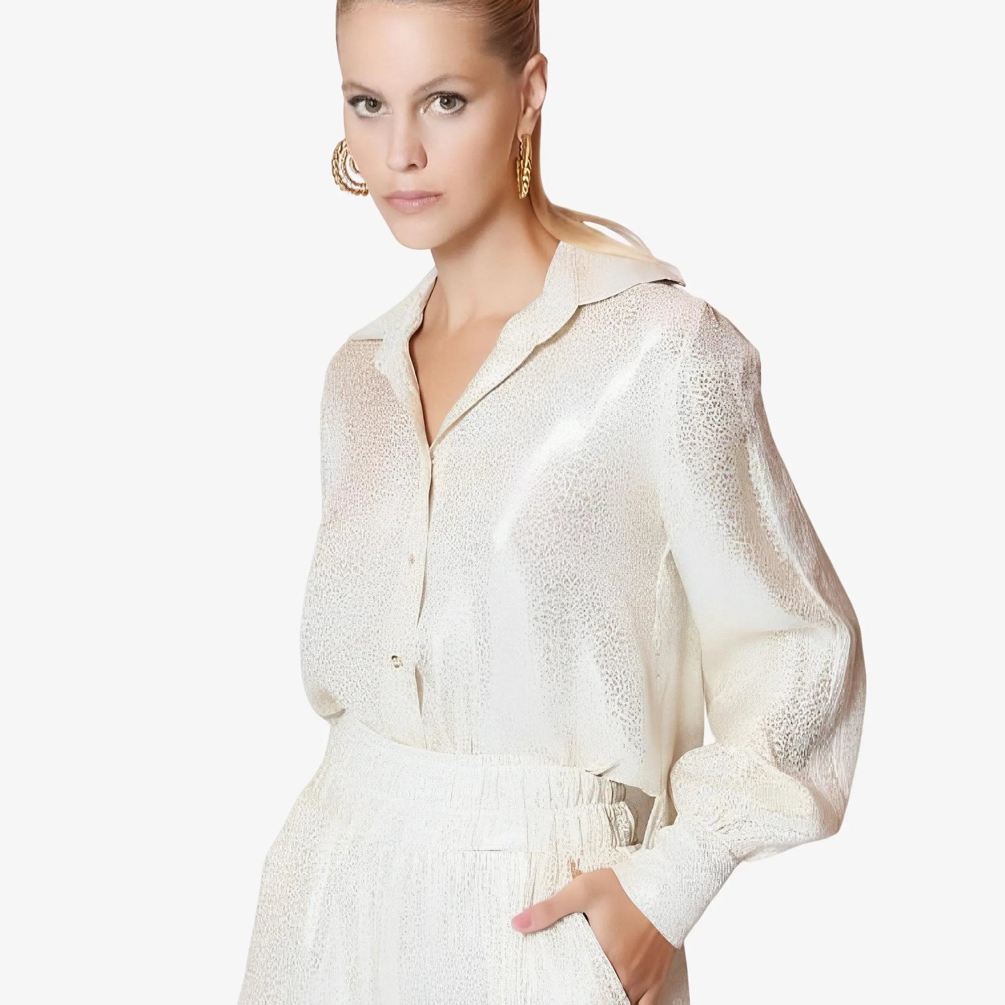 Striped Foil & Lace Long-Sleeve Shirt by Lethicia Bronstein
