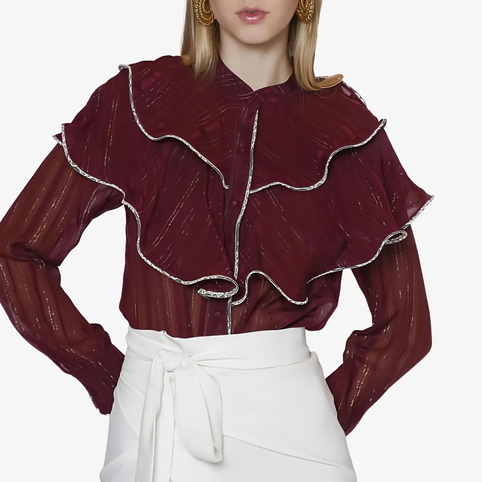 Ana Wine Organza Ruffled Shirt by Lethicia Bronstein