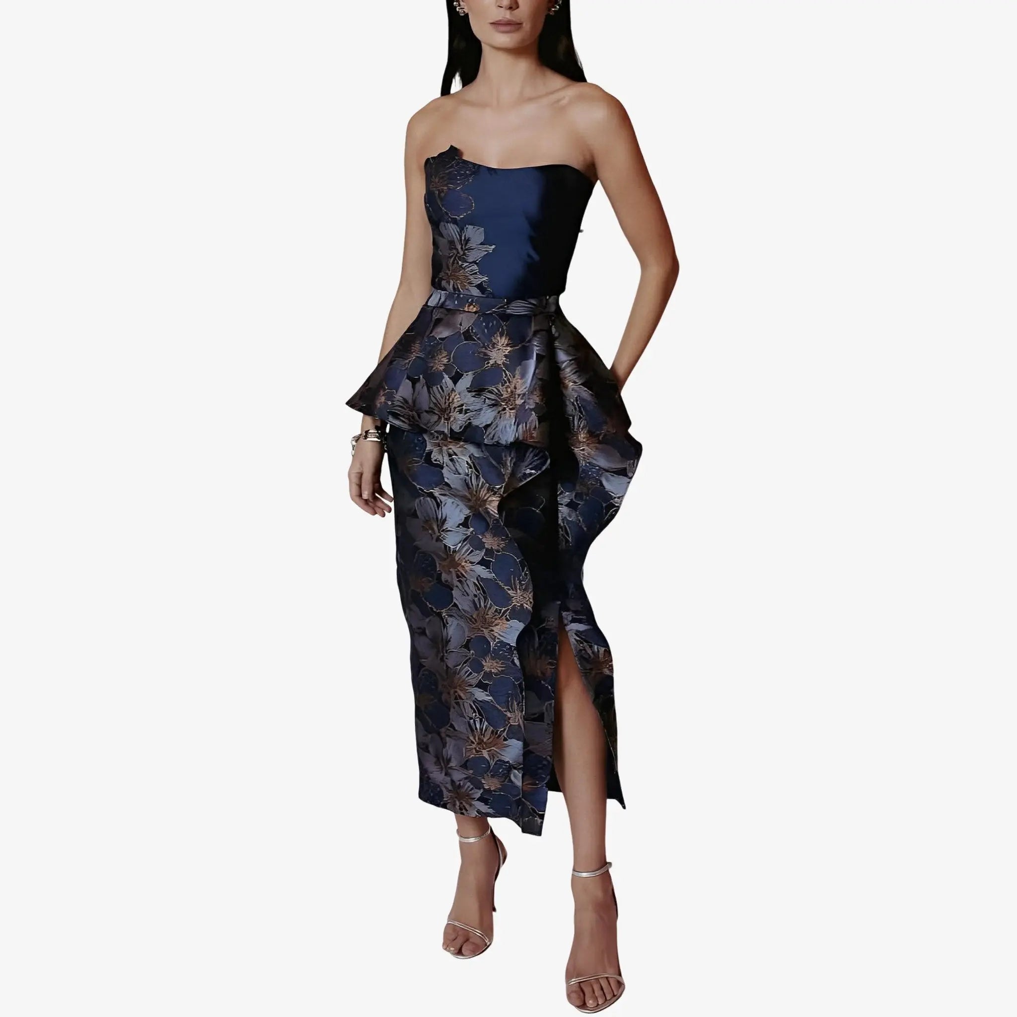 Bere Navy Floral Jacquard Midi Skirt by Lethicia Bronstein