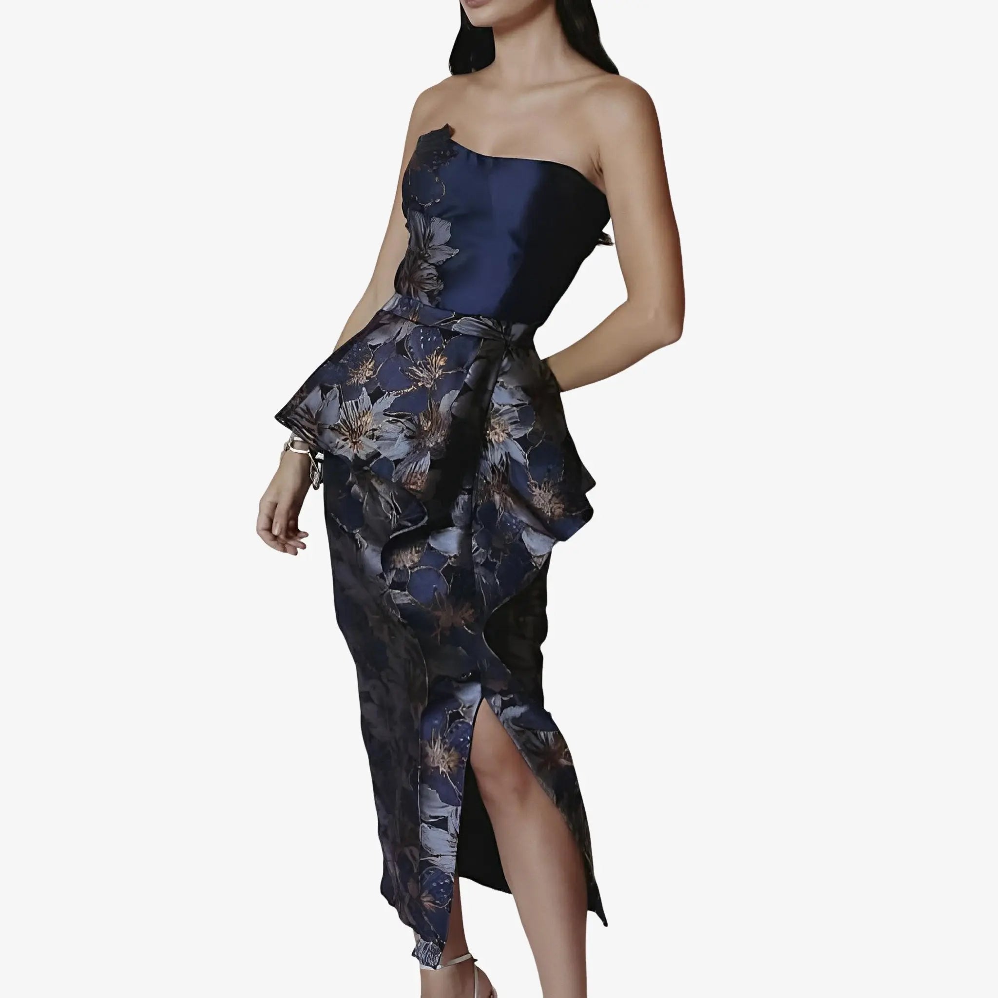 Bere Navy Floral Jacquard Midi Skirt by Lethicia Bronstein