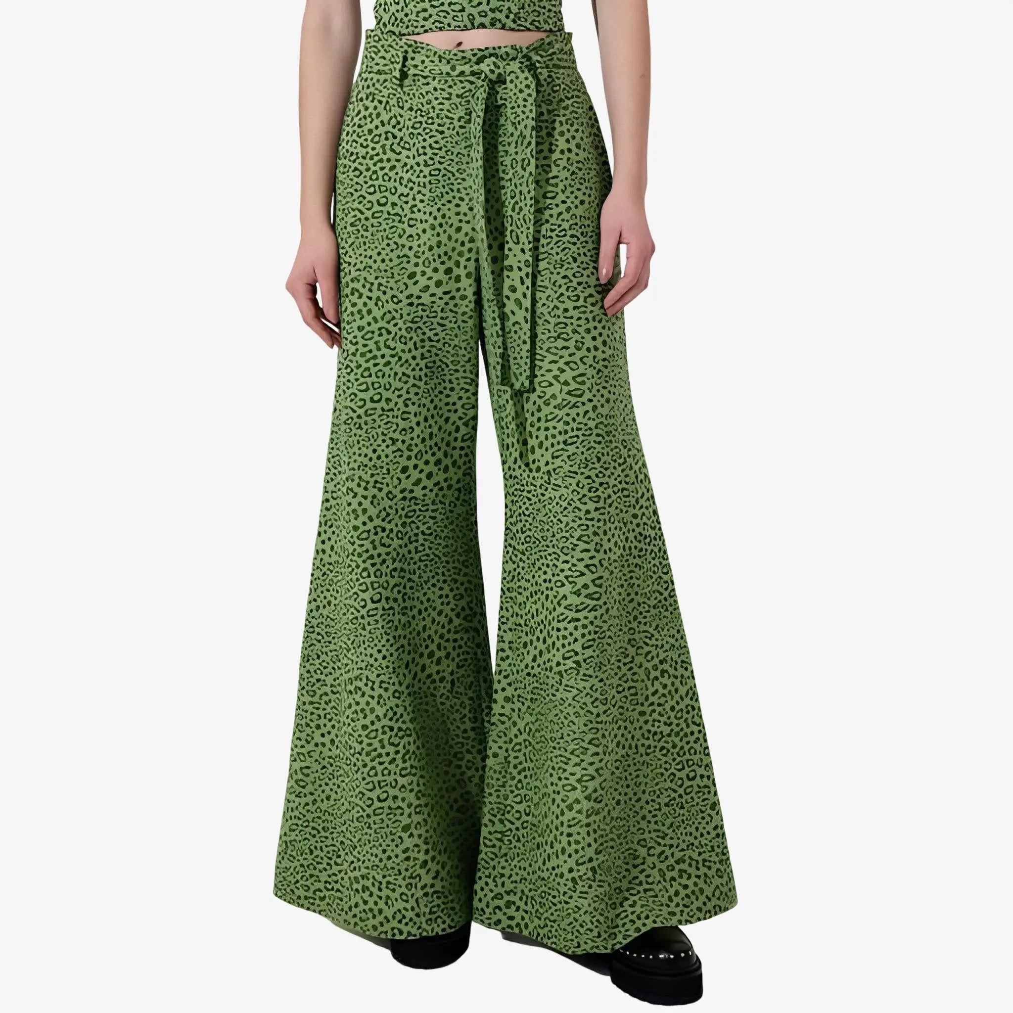 Green Jaguar Print Wide-Leg Pants by Mixed