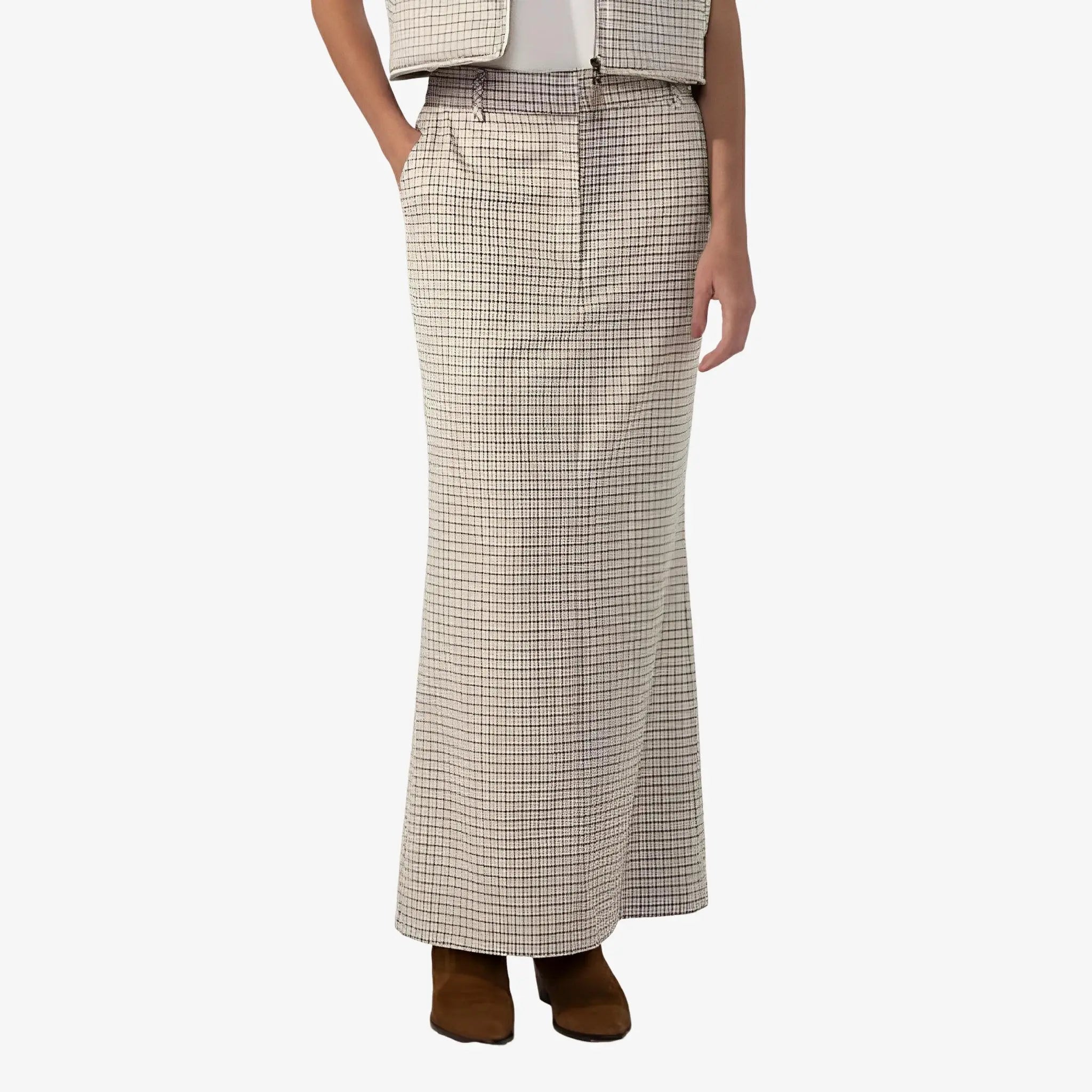 Shiv Khaki Checkered Skirt by Mixed