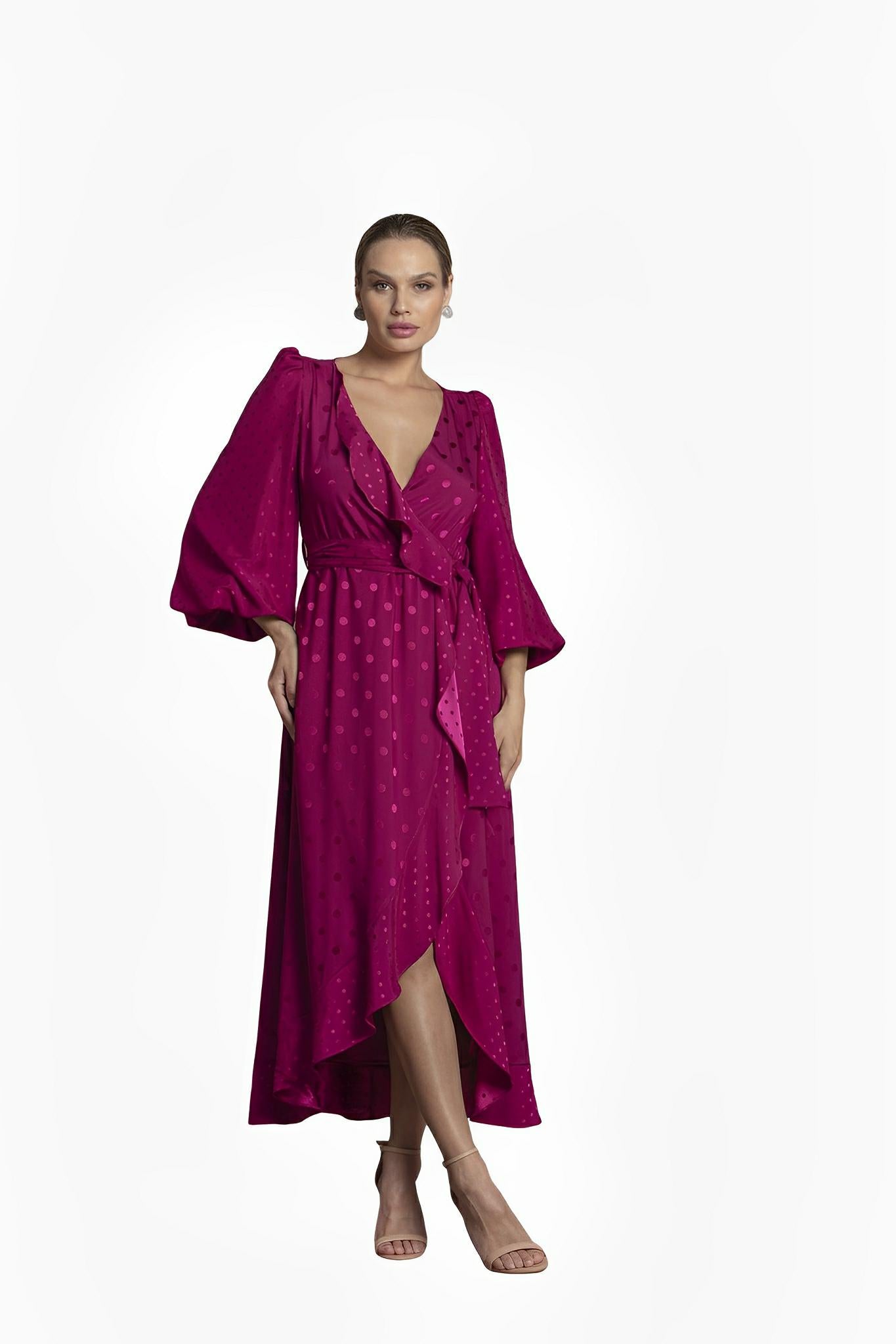 Wine Satin Jacquard Polka Dot Dress by Ton Âge