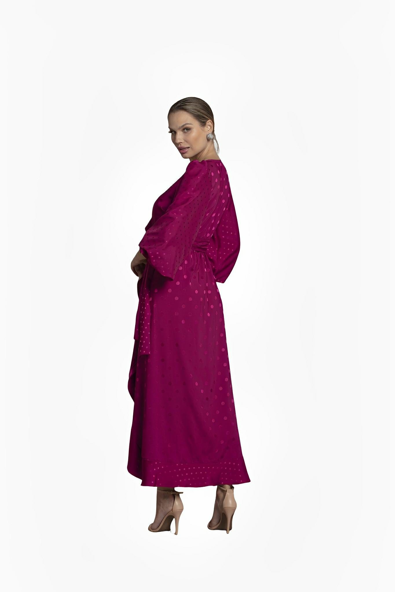 Wine Satin Jacquard Polka Dot Dress by Ton Âge