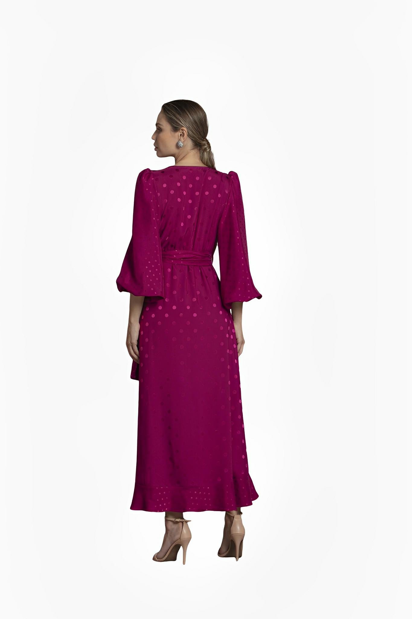 Wine Satin Jacquard Polka Dot Dress by Ton Âge