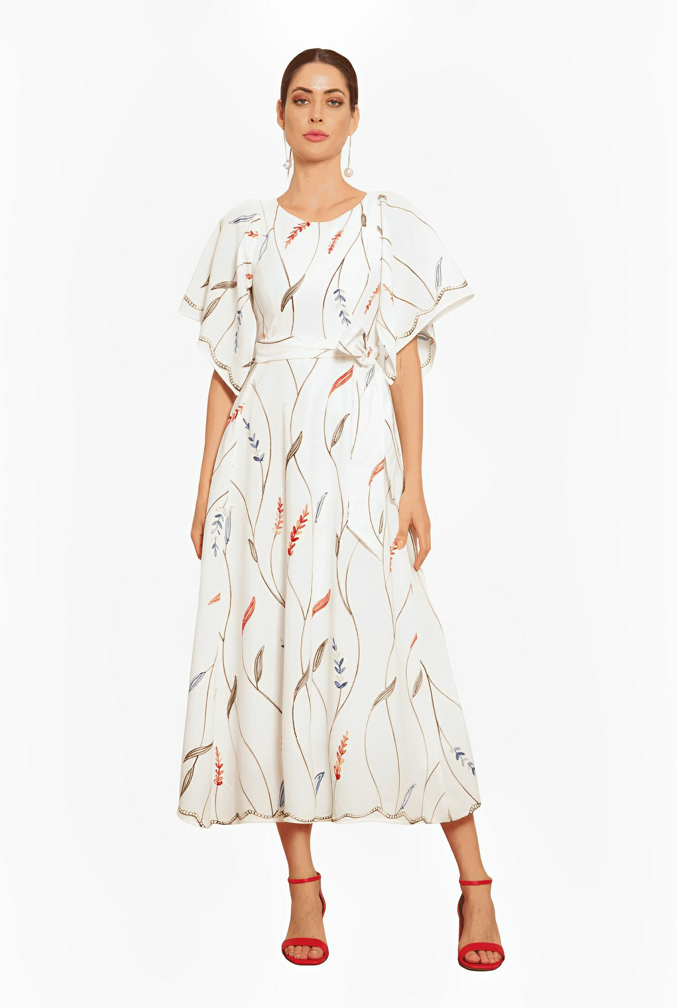 Leaf Embroidered Off-White Linen Dress by Ton Âge