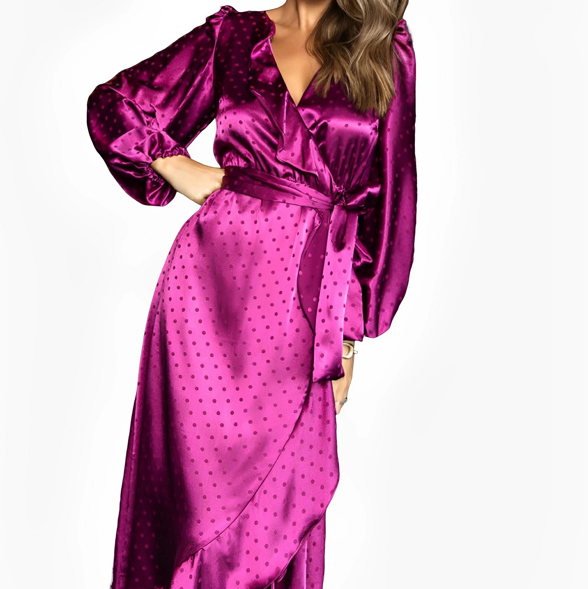 Wine Satin Jacquard Polka Dot Dress by Ton Âge
