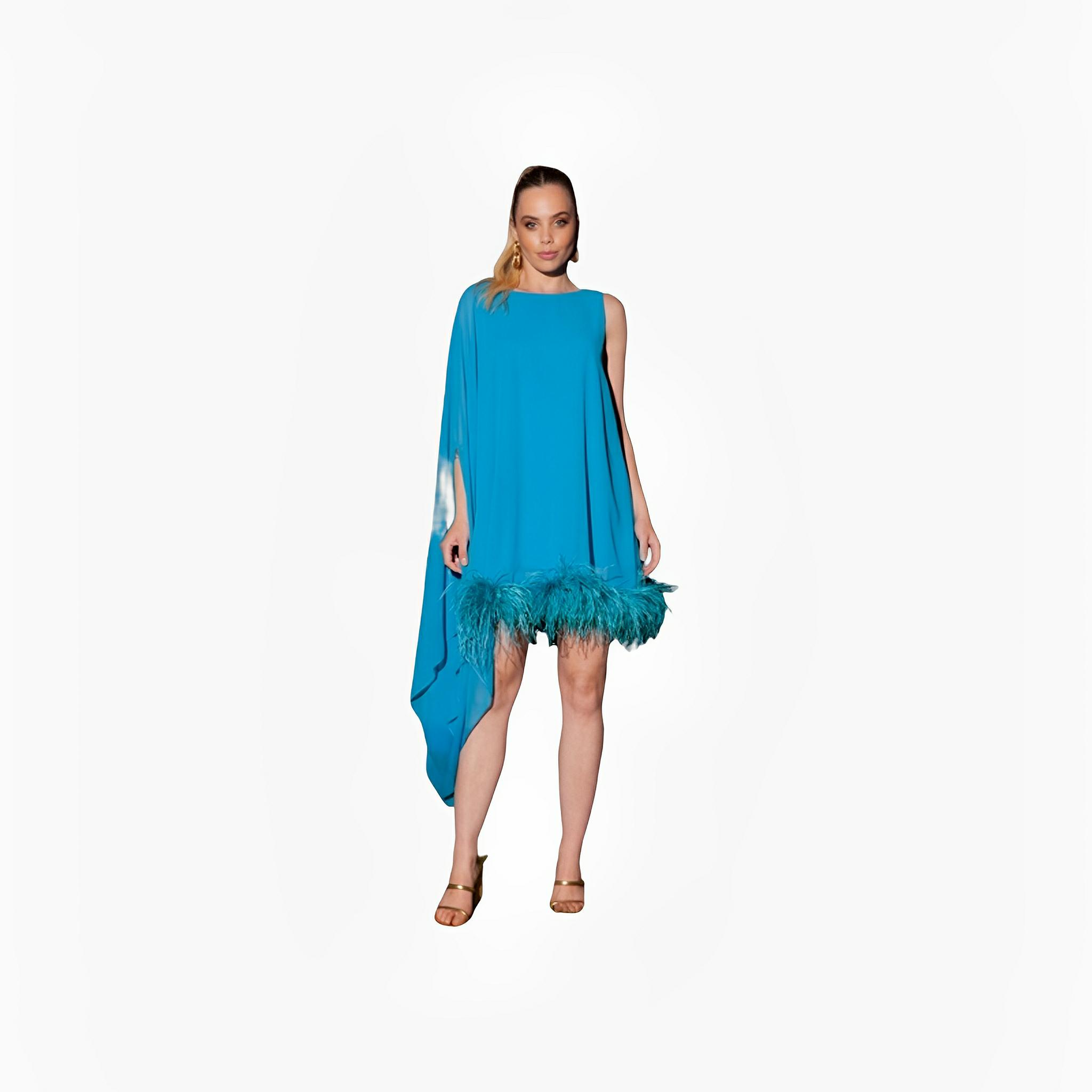 Turquoise Feather One-Shoulder Dress by Ton Âge