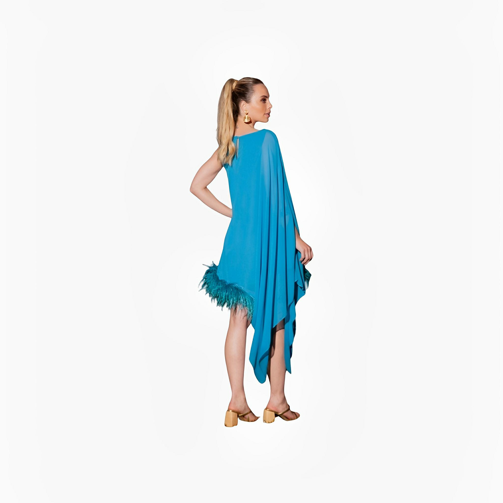 Turquoise Feather One-Shoulder Dress by Ton Âge