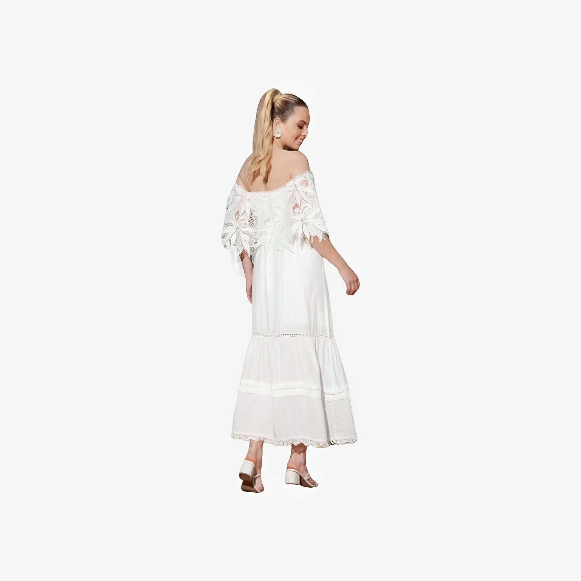 Off-White Garden Lace Off-Shoulder Midi Dress by Ton Âge