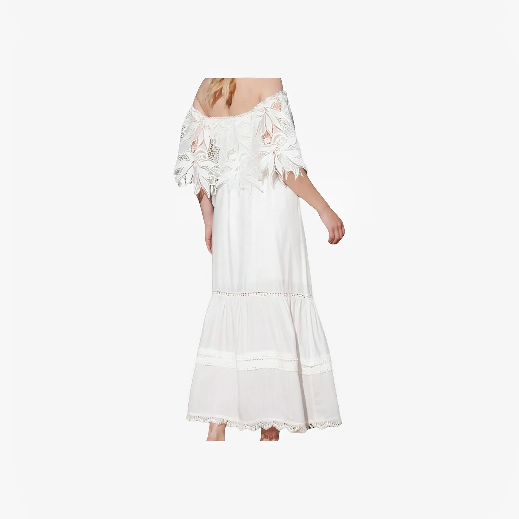 Off-White Garden Lace Off-Shoulder Midi Dress by Ton Âge