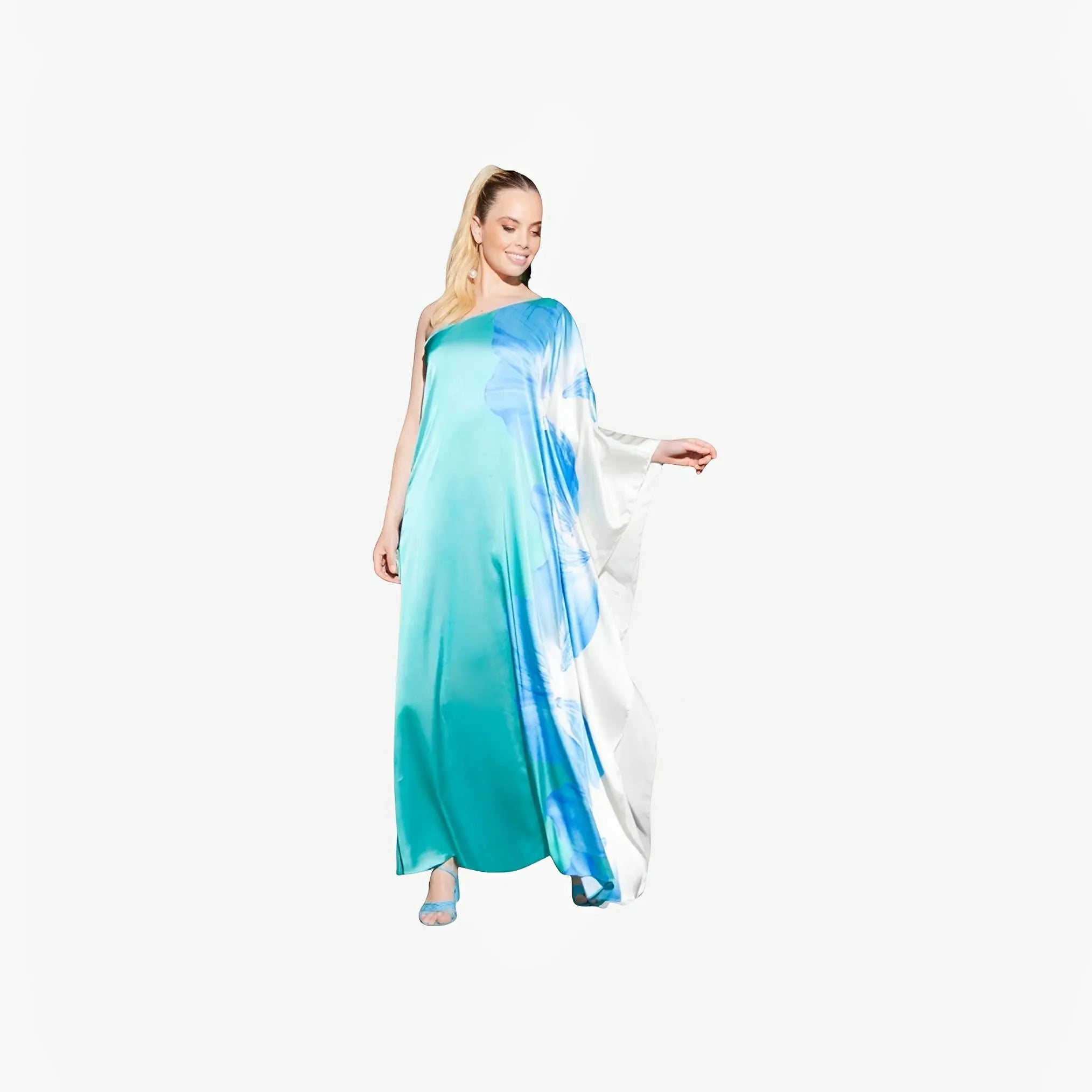 Blue Floral Gloss Silk One-Shoulder Dress by Ton Âge