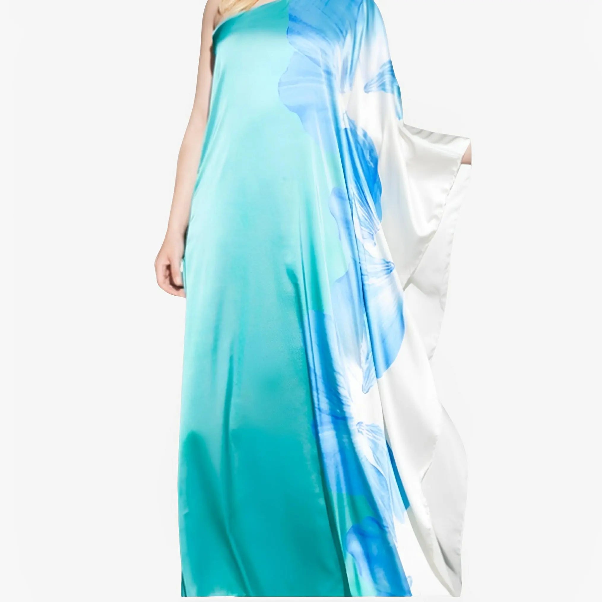 Blue Floral Gloss Silk One-Shoulder Dress by Ton Âge