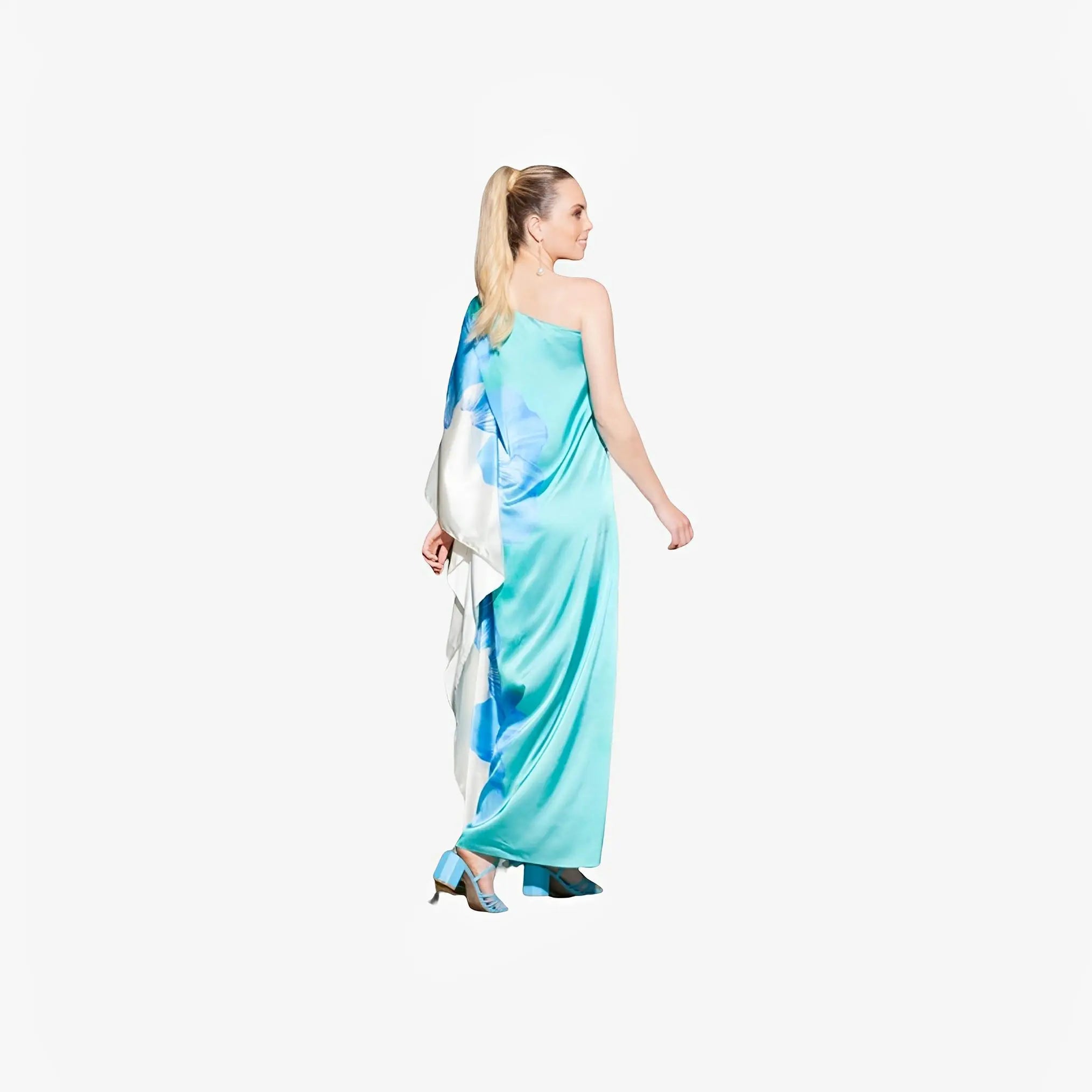 Blue Floral Gloss Silk One-Shoulder Dress by Ton Âge