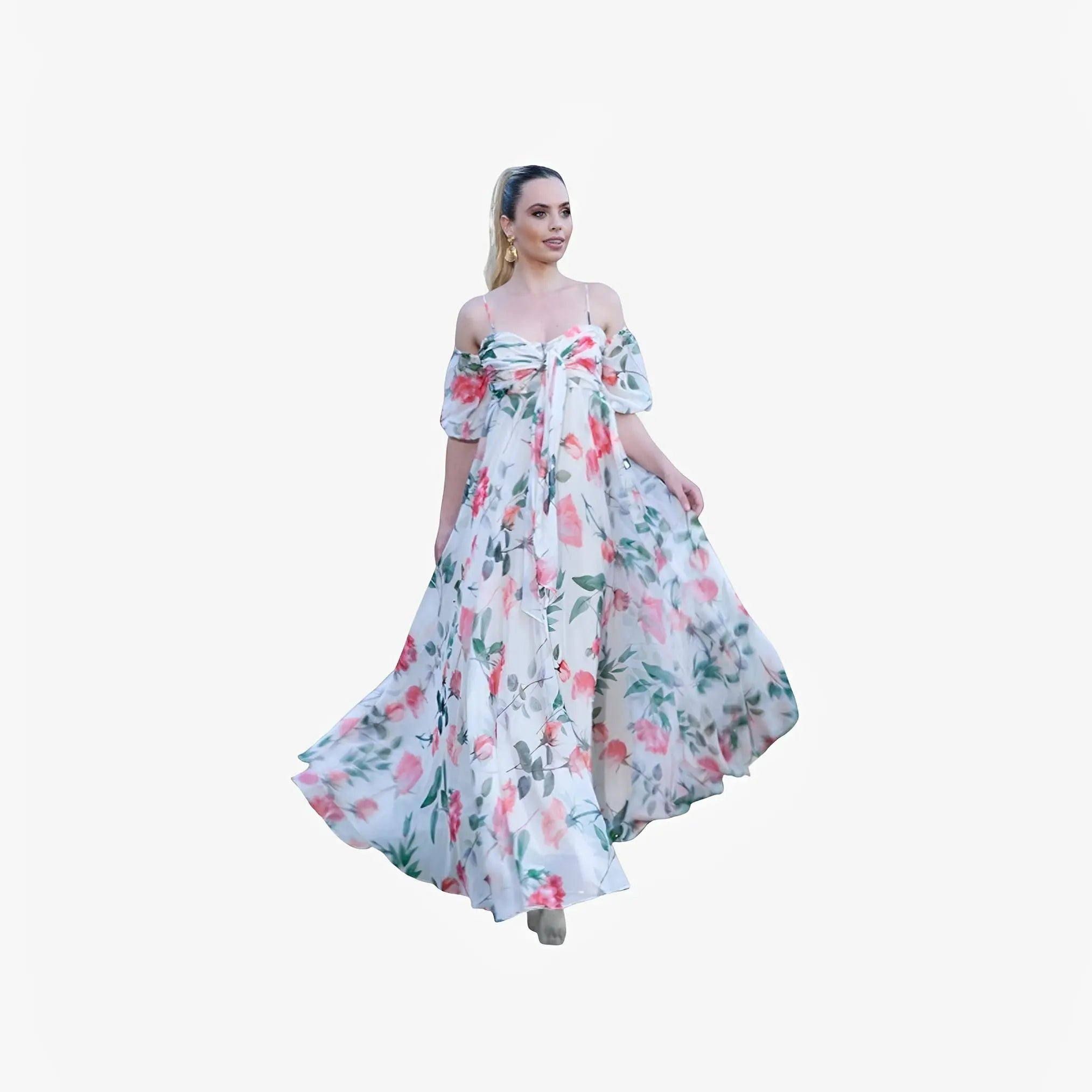 Rose Print Off-White Maxi Dress by Ton Âge