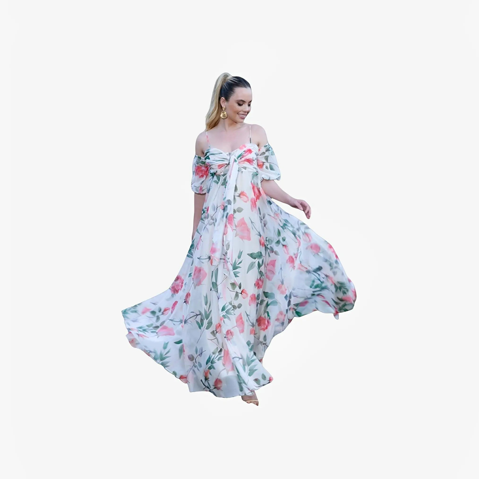 Rose Print Off-White Maxi Dress by Ton Âge