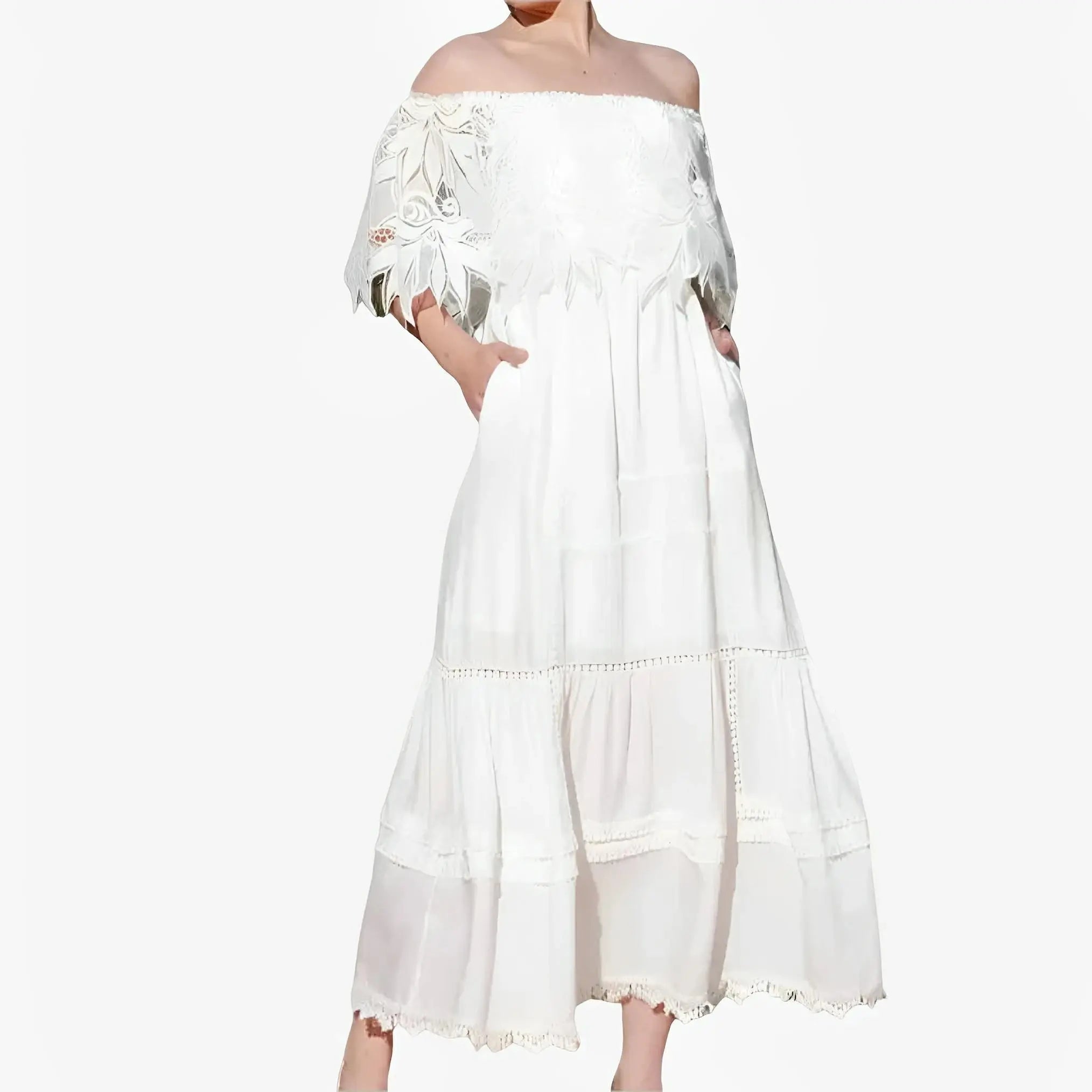 Off-White Garden Lace Off-Shoulder Midi Dress by Ton Âge